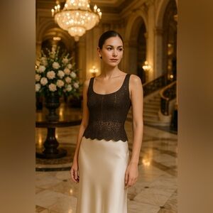 Y2k VNTG Brown Sequence beaded‎  Blouse scalloped edges small sexy feminine